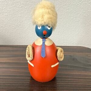 VTG 1960s Ciola Trademark Italy Folk Art Figure Blue Red Guy Wooden Bank *Flawed